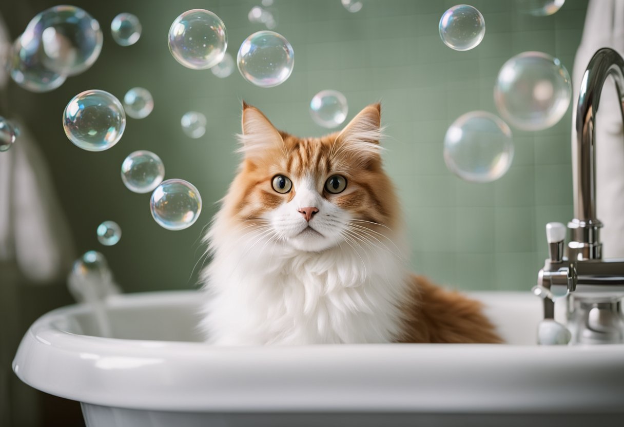 A fluffy cat sits in a bathtub, surrounded by bubbles and toys. Its owner holds a gentle expression, preparing to bathe the feline