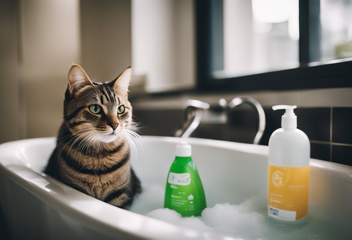 An indoor cat sitting in a bathtub, surrounded by bottles of cat shampoo and a towel