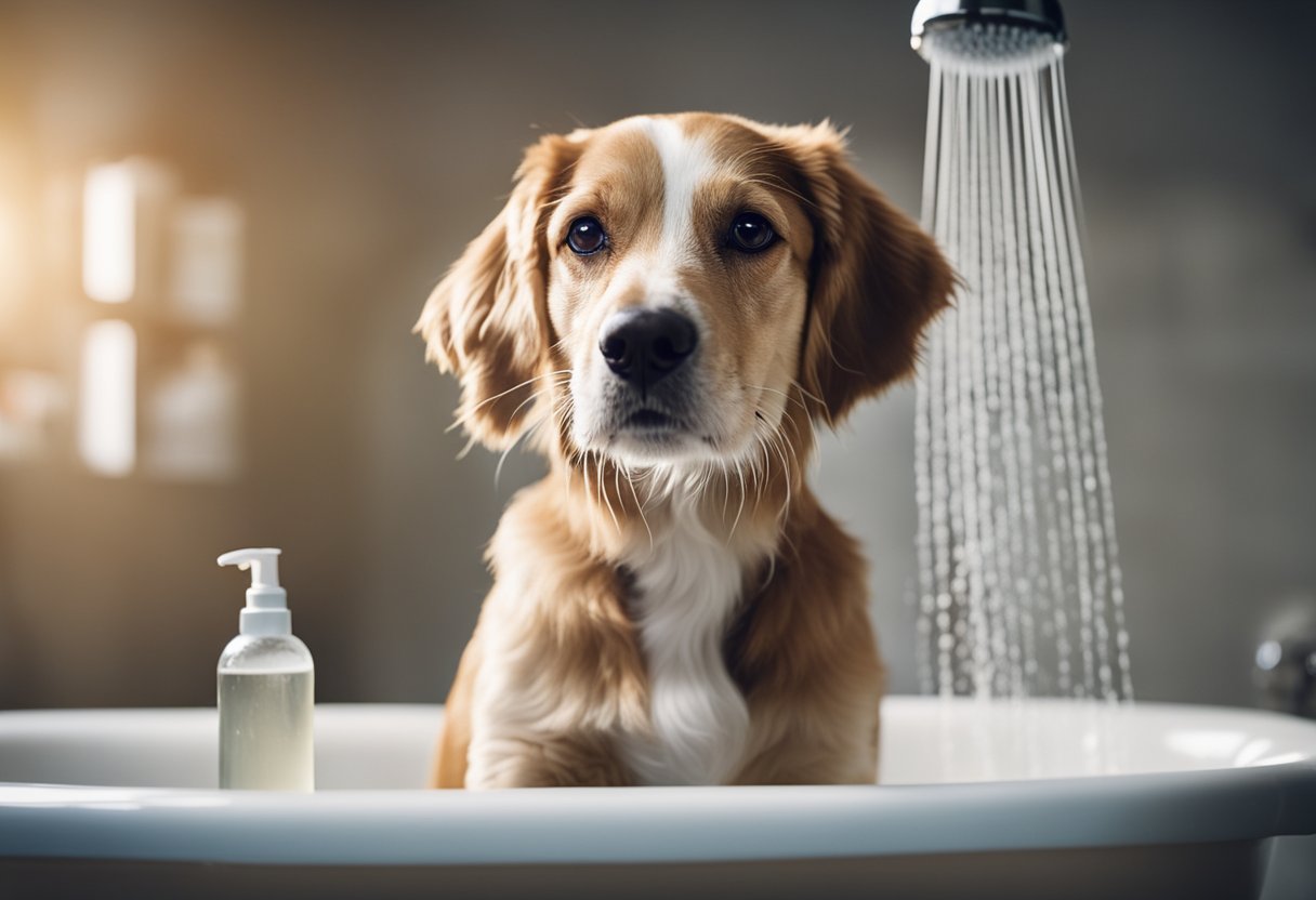A dog stands in a bathtub, water running from a handheld showerhead. A person holds a bottle of dog shampoo, lathering the dog's fur