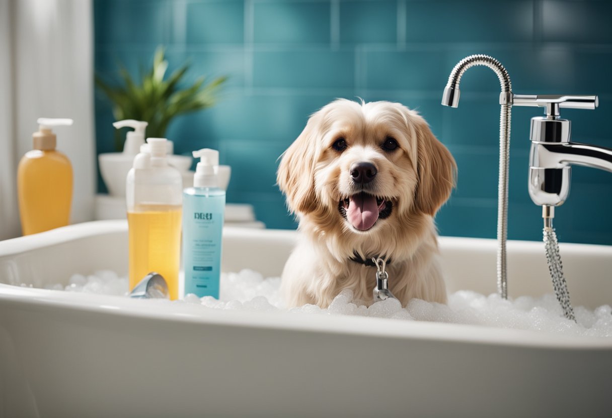 A dog standing in a bathtub, surrounded by shampoo, towels, and a brush. Water running from the faucet as the owner prepares to bathe the dog