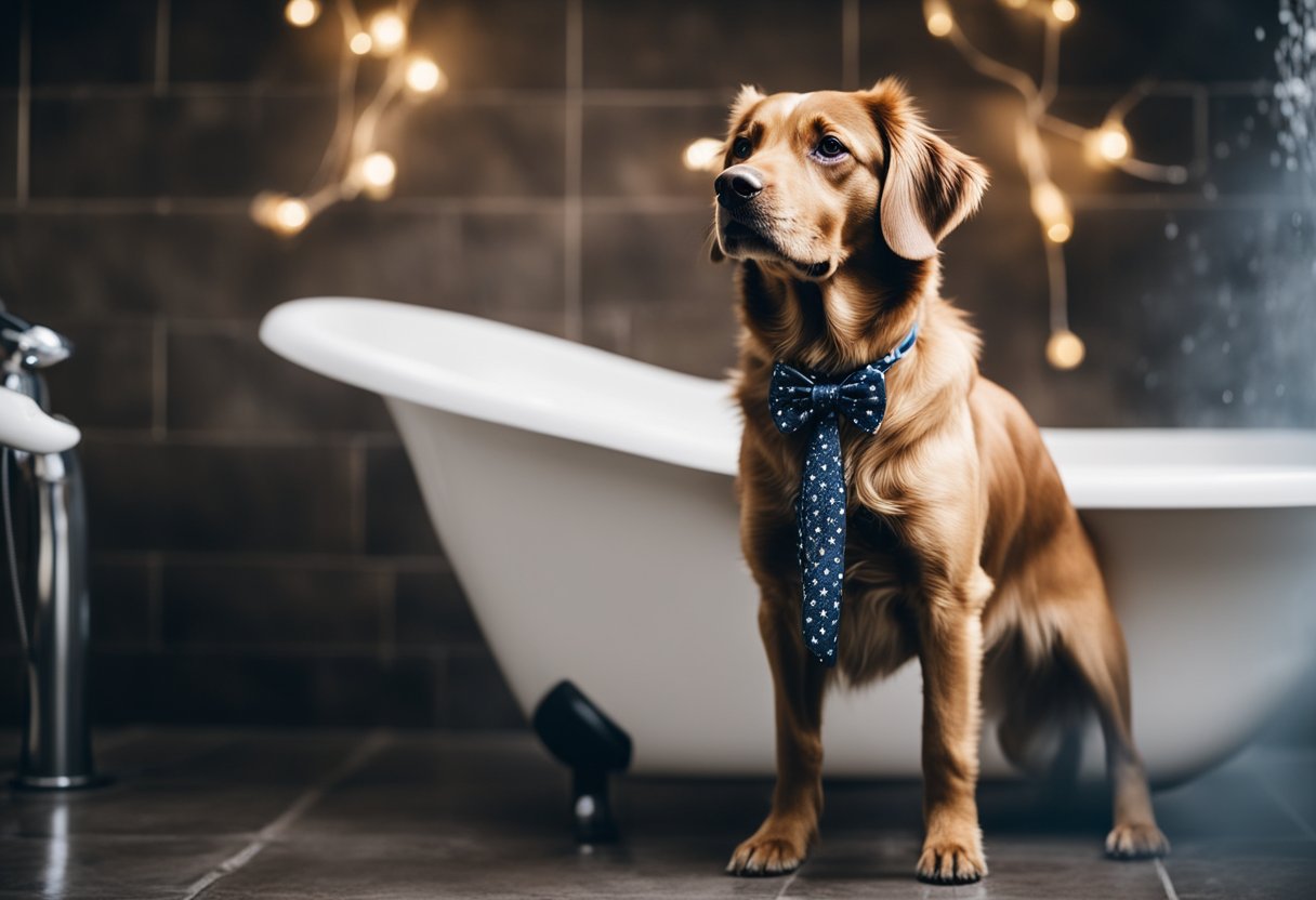 A dog standing in a bathtub, water running, with shampoo and a brush nearby