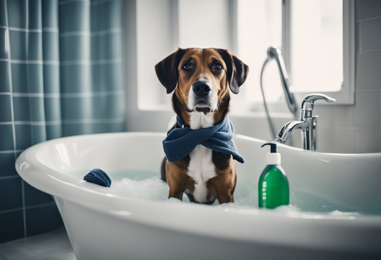 A dog standing in a bathtub, water running from a handheld shower head, surrounded by shampoo bottles and a towel on the floor