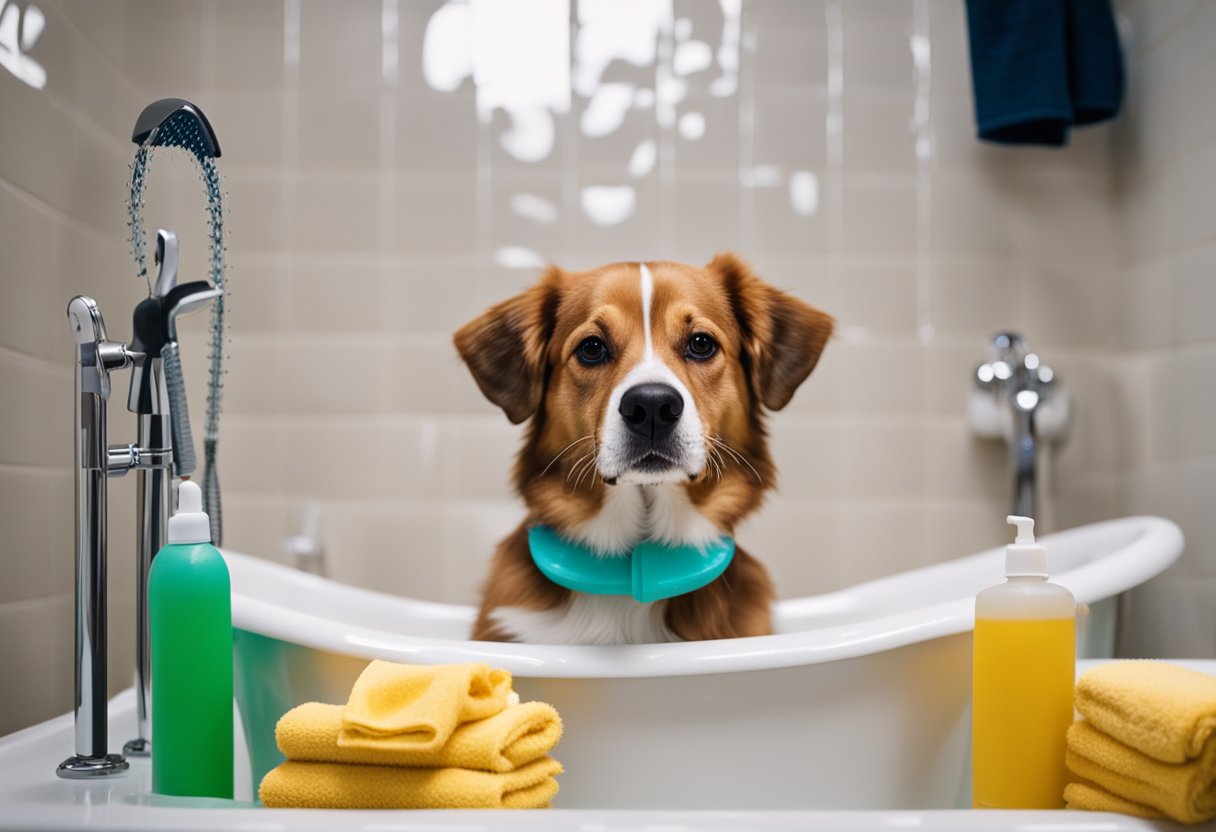 A dog standing in a bathtub, surrounded by shampoo bottles, towels, and a handheld sprayer. A person is gently scrubbing the dog's fur with a brush
