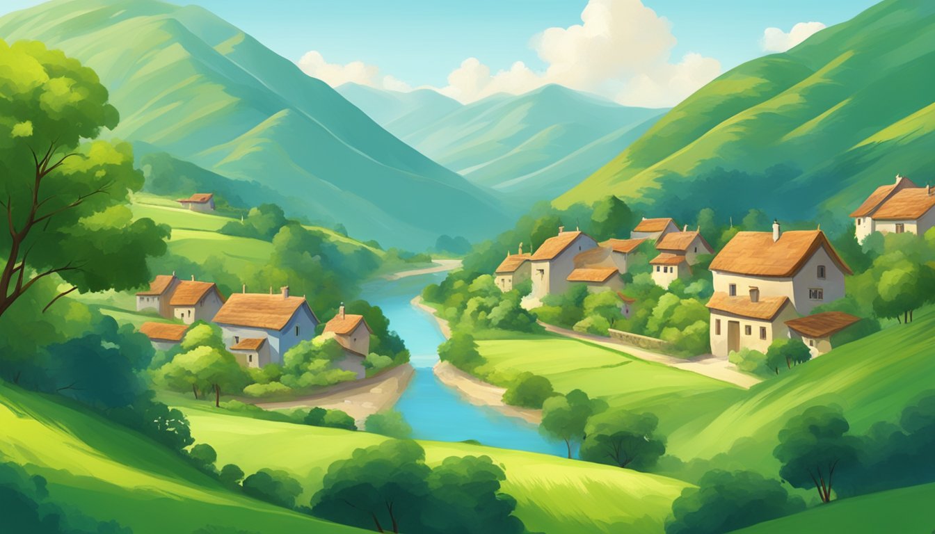A serene landscape with a peaceful village nestled among lush green mountains, with a clear blue sky and a calm, inviting atmosphere