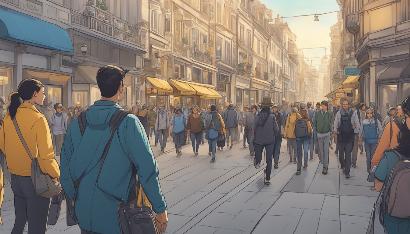 A traveler walks confidently through a well-lit and bustling city, surrounded by friendly locals and helpful authorities, with visible security measures in place