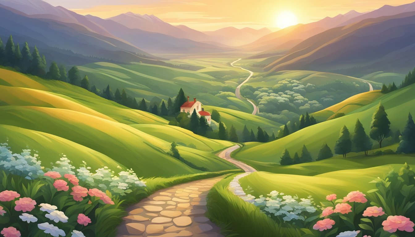 A serene landscape with a winding path leading through lush greenery towards a distant, peaceful village nestled among rolling hills. The sun sets behind snow-capped mountains, casting a warm glow over the tranquil scene