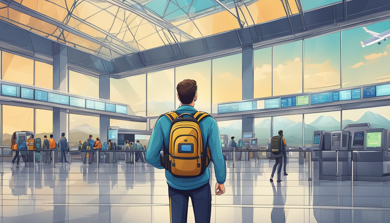 A modern airport with high-tech security scanners and a traveler's backpack ready for adventure