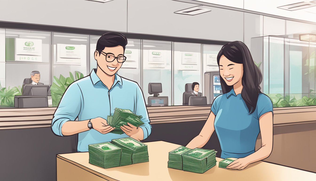 A customer at a bank receiving cashback after availing the OCBC ExtraCash Loan in Singapore. The teller hands over a stack of money with a satisfied smile