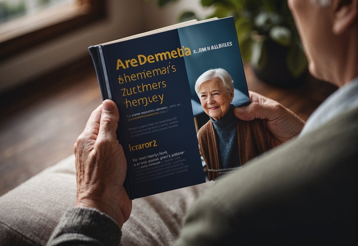 Une personne lisant un livre intitulé « La démence et la maladie d'Alzheimer sont-elles identiques ? » avec 5 questions fréquemment posées sur la mémoire en couverture