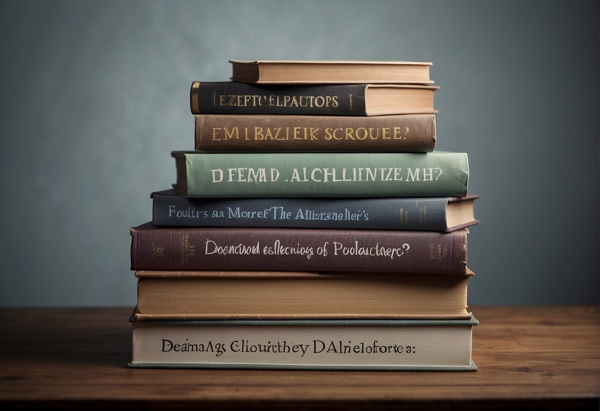 Une pile de livres avec des titres sur la démence et la maladie d'Alzheimer, entourés de points d'interrogation et d'une expression perplexe