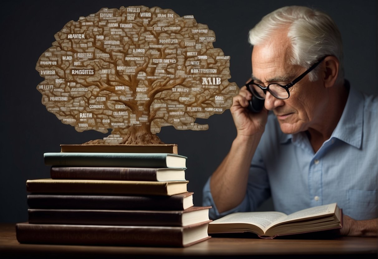 Une pile de livres sur la mémoire et le vieillissement, une expression perplexe et une personne regardant à travers une loupe un schéma cérébral