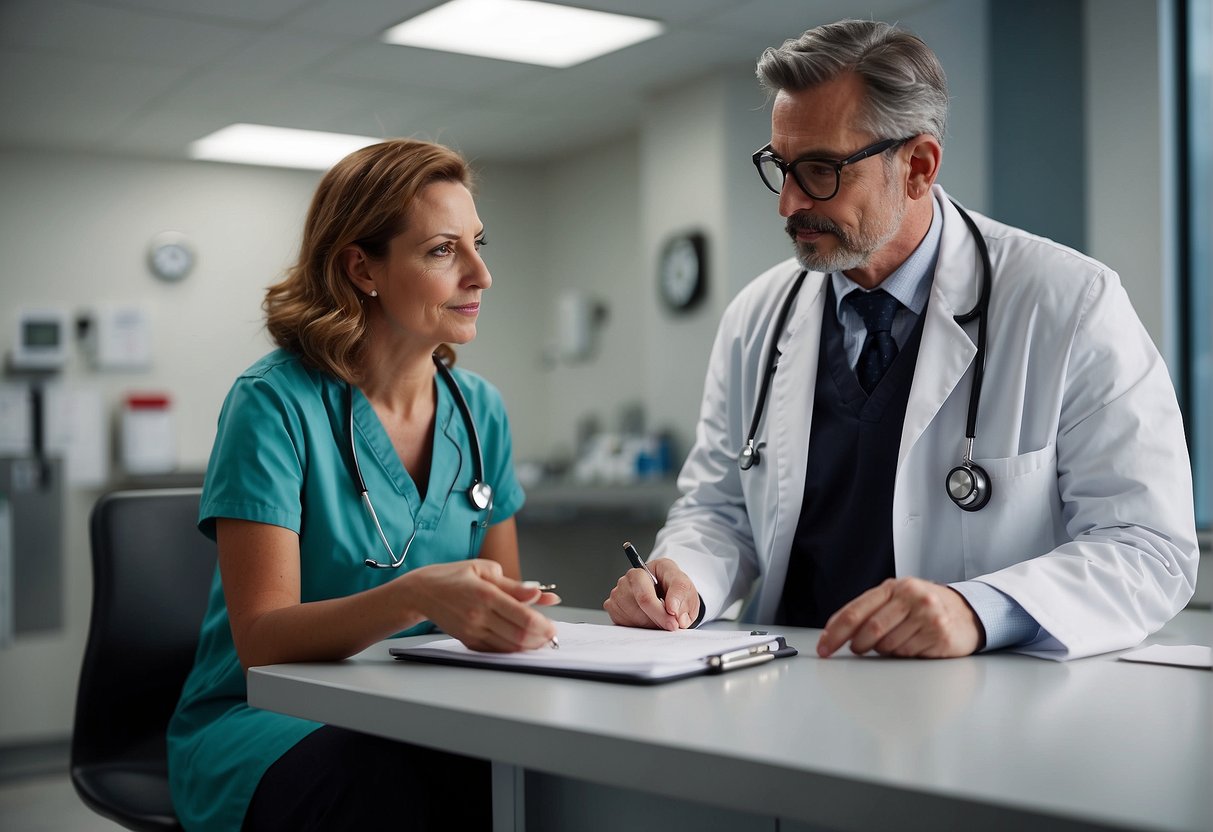 A doctor and patient sit facing each other in a well-lit examination room, discussing medical concerns. The doctor holds a clipboard and the patient listens attentively