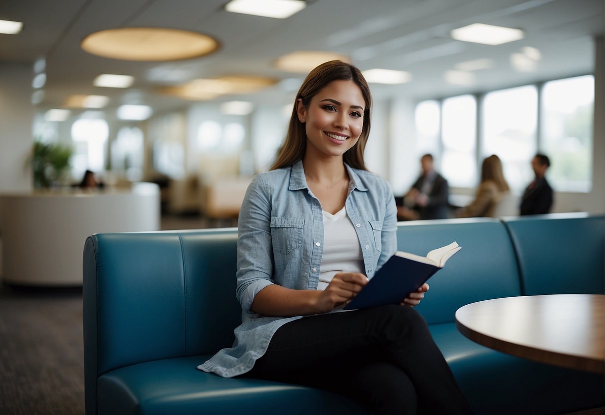 A person sitting in a waiting room, holding a notebook and pen, surrounded by pamphlets and medical brochures