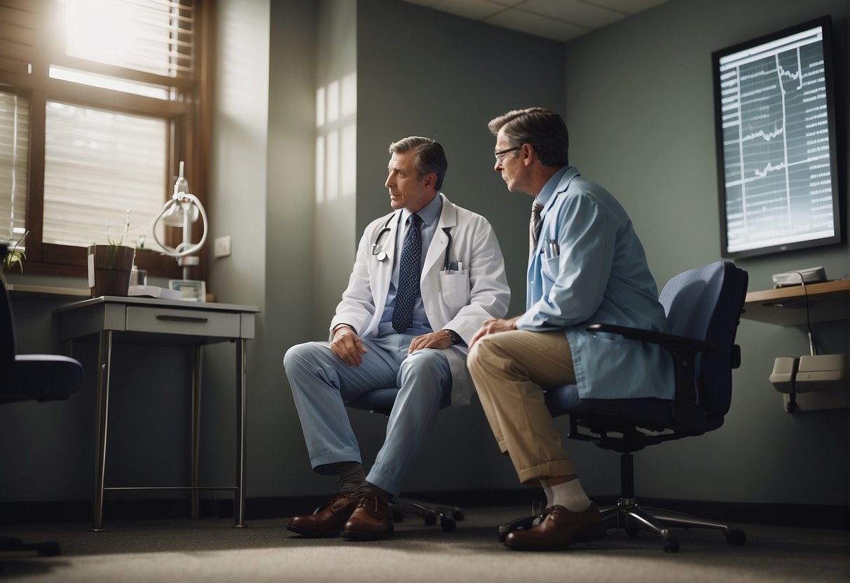 Un médecin et un patient sont assis dans une salle d'examen bien éclairée et discutent de problèmes médicaux. Le médecin écoute attentivement tandis que le patient hoche la tête et pose des questions.