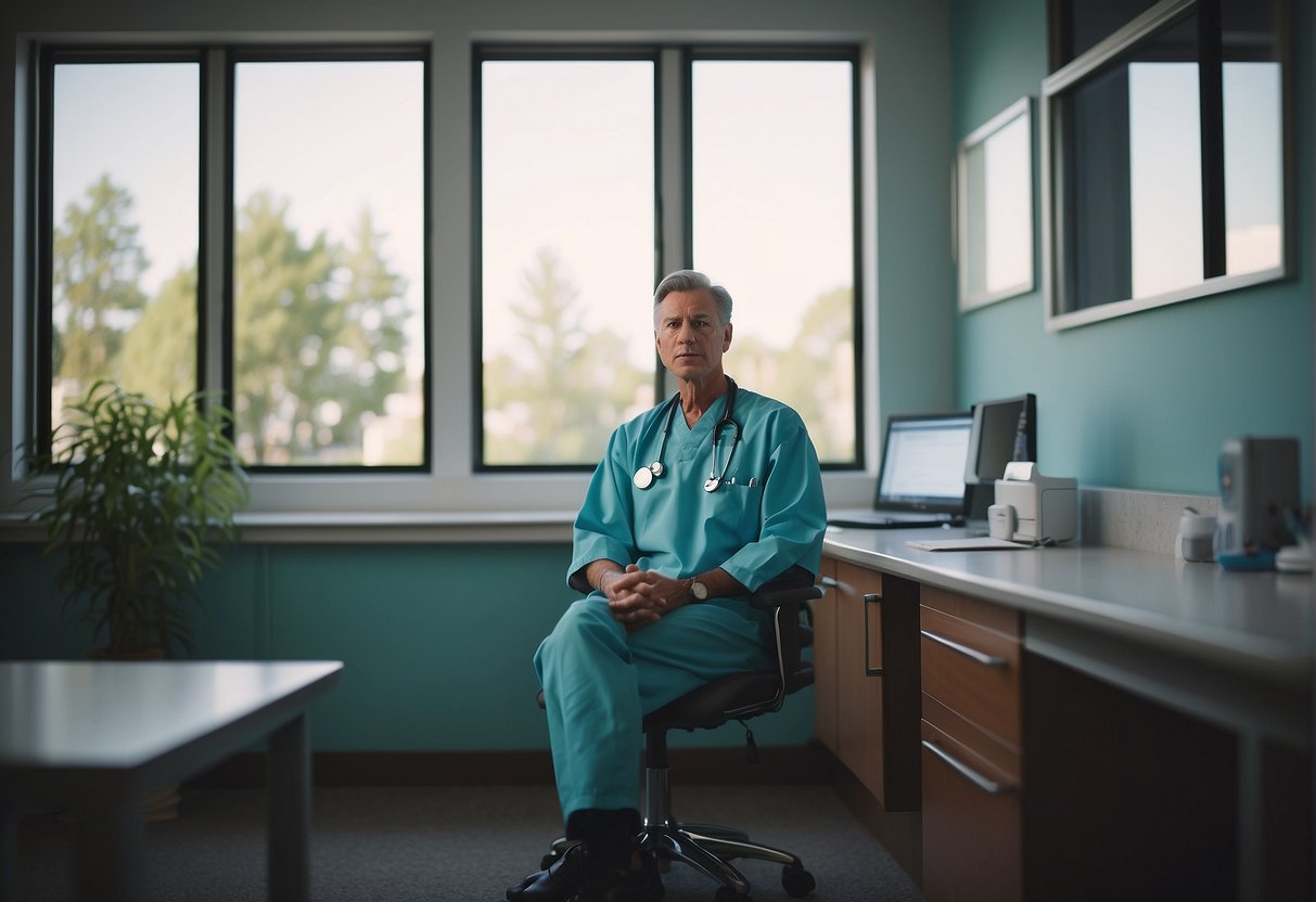 A patient sits in a doctor's office, listening attentively to their guide on effective medical consultations