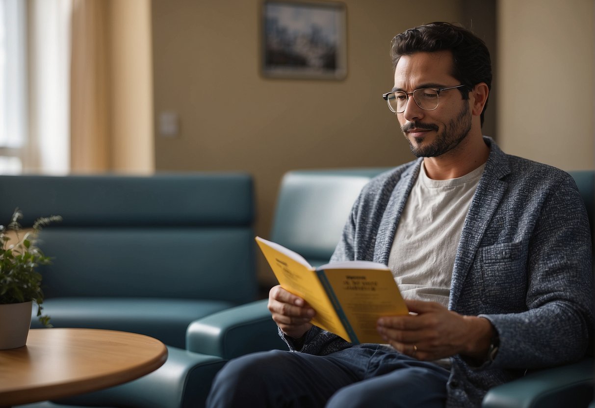 Une personne lisant un guide d'autogestion et de prévention, assise dans la salle d'attente d'un médecin avec une brochure à la main