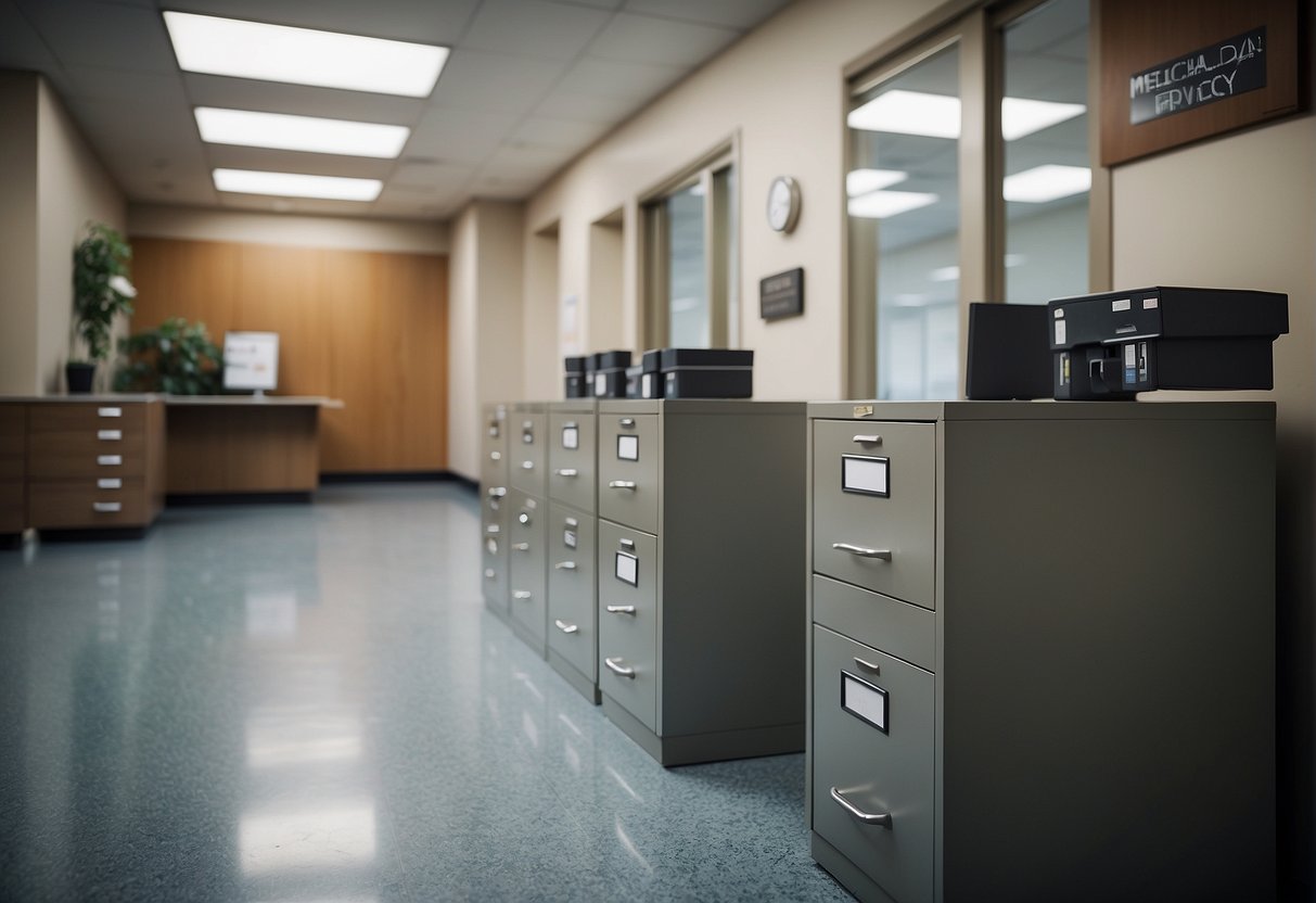 A doctor's office with closed file cabinets and a sign on the wall reading "Medical Records and Privacy: Your Guide to an Effective Doctor's Visit."