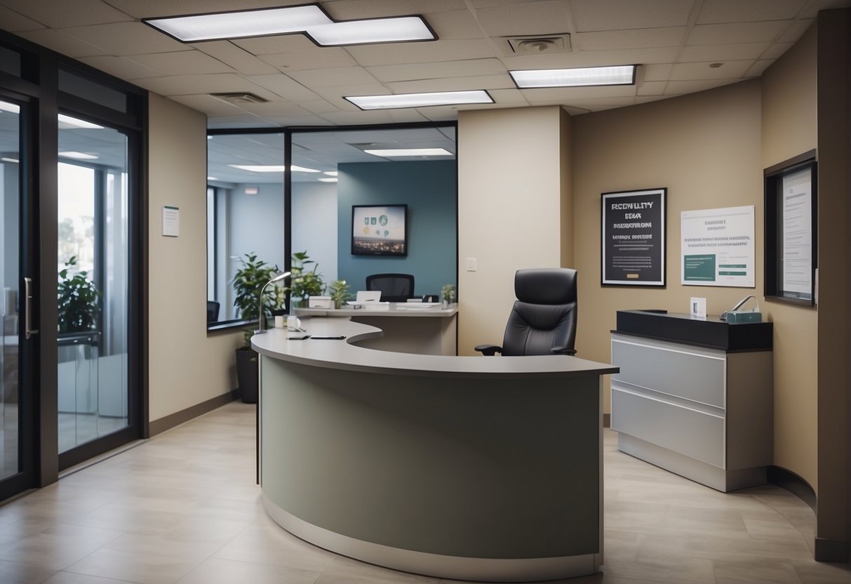 A doctor's office with a reception desk, waiting area, and exam rooms. Posters and brochures about healthcare and a sign that says "Frequently Asked Questions" in Dutch