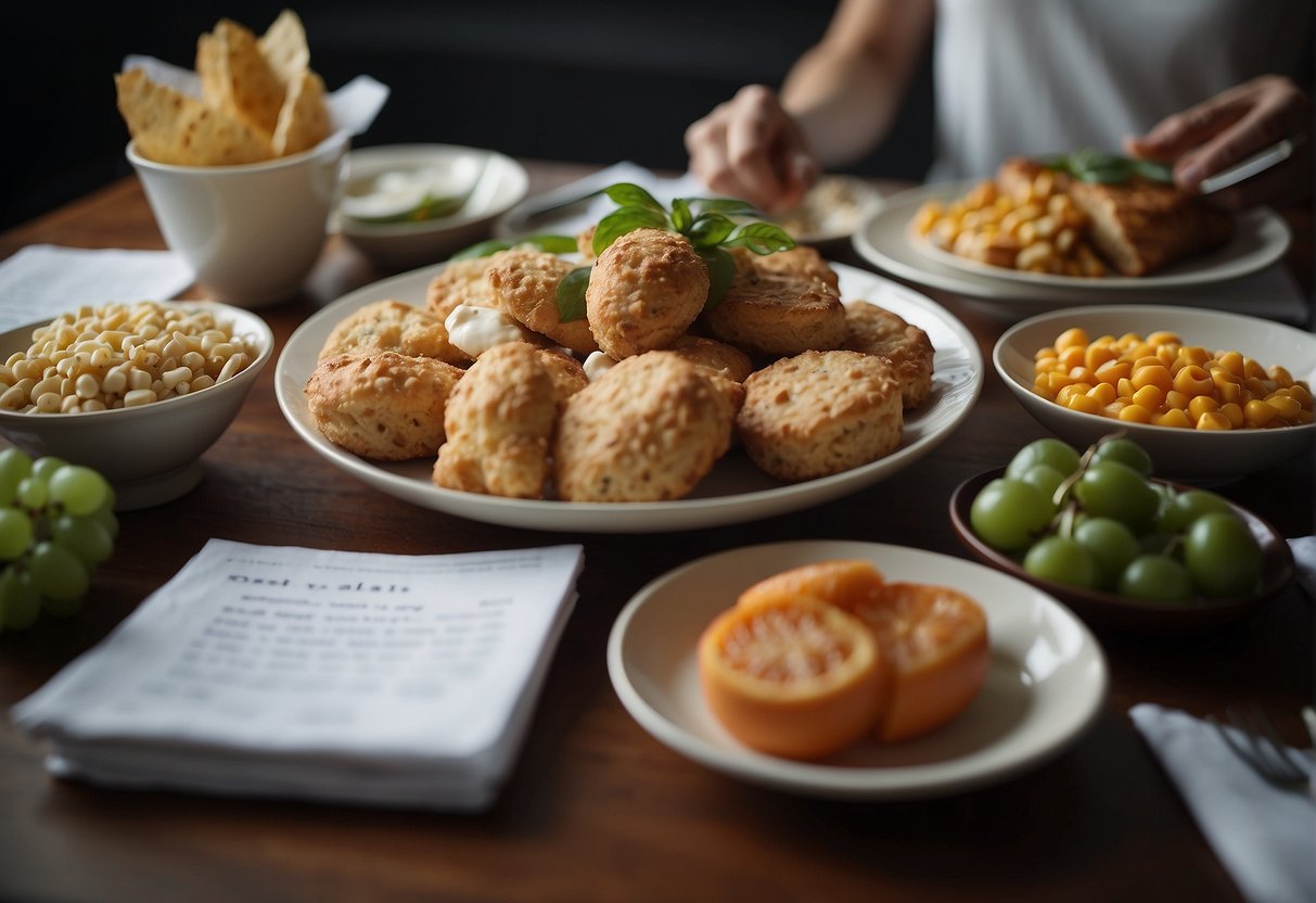 A table set with various food items, some crossed out. A person holding a list of allowed foods. A puzzled expression on their face