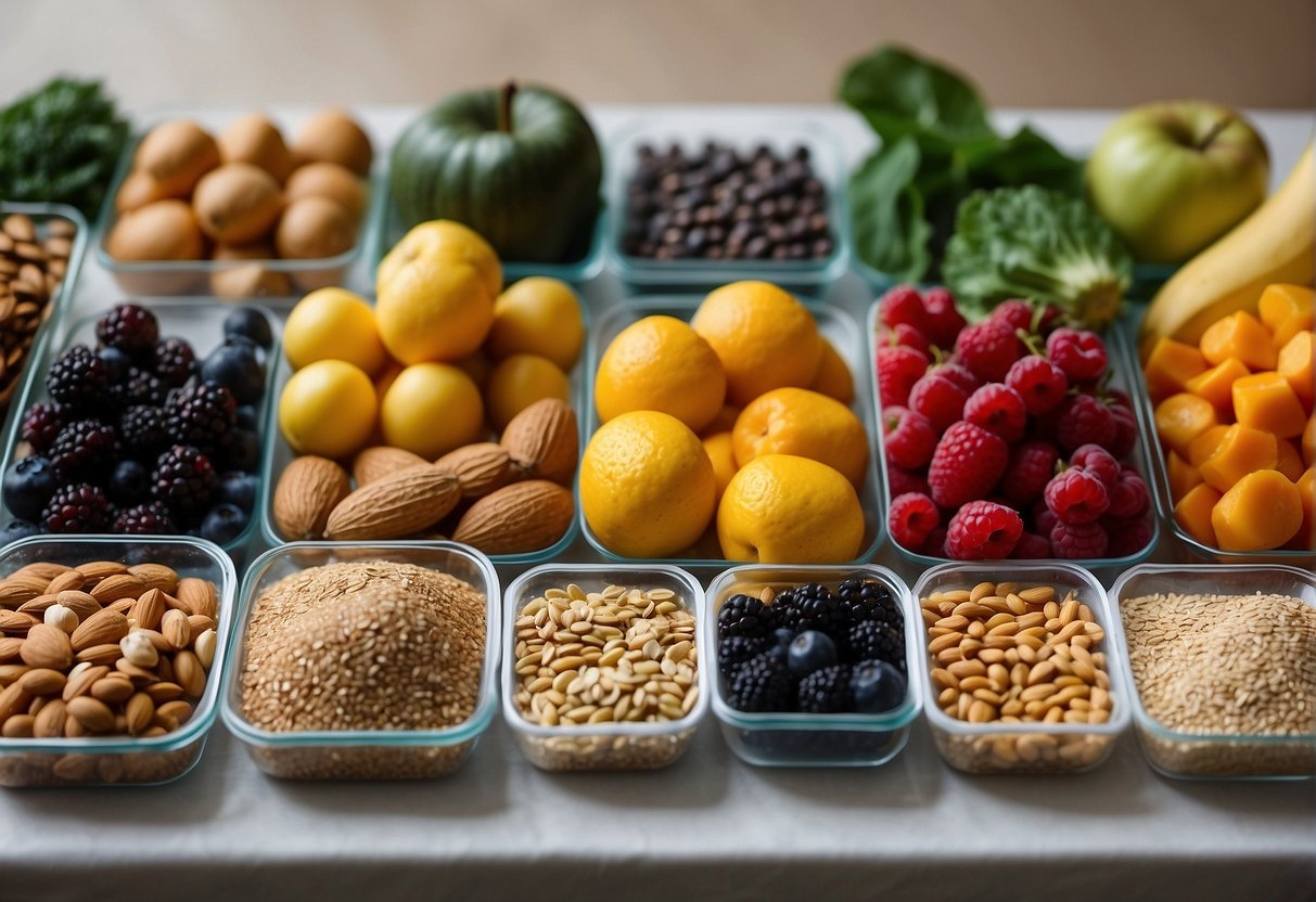 A table filled with colorful fruits, vegetables, and whole grains. A variety of nuts, seeds, and lean proteins are also included. The scene exudes a sense of balance and variety, reflecting the importance of a well-rounded diet for long-term health