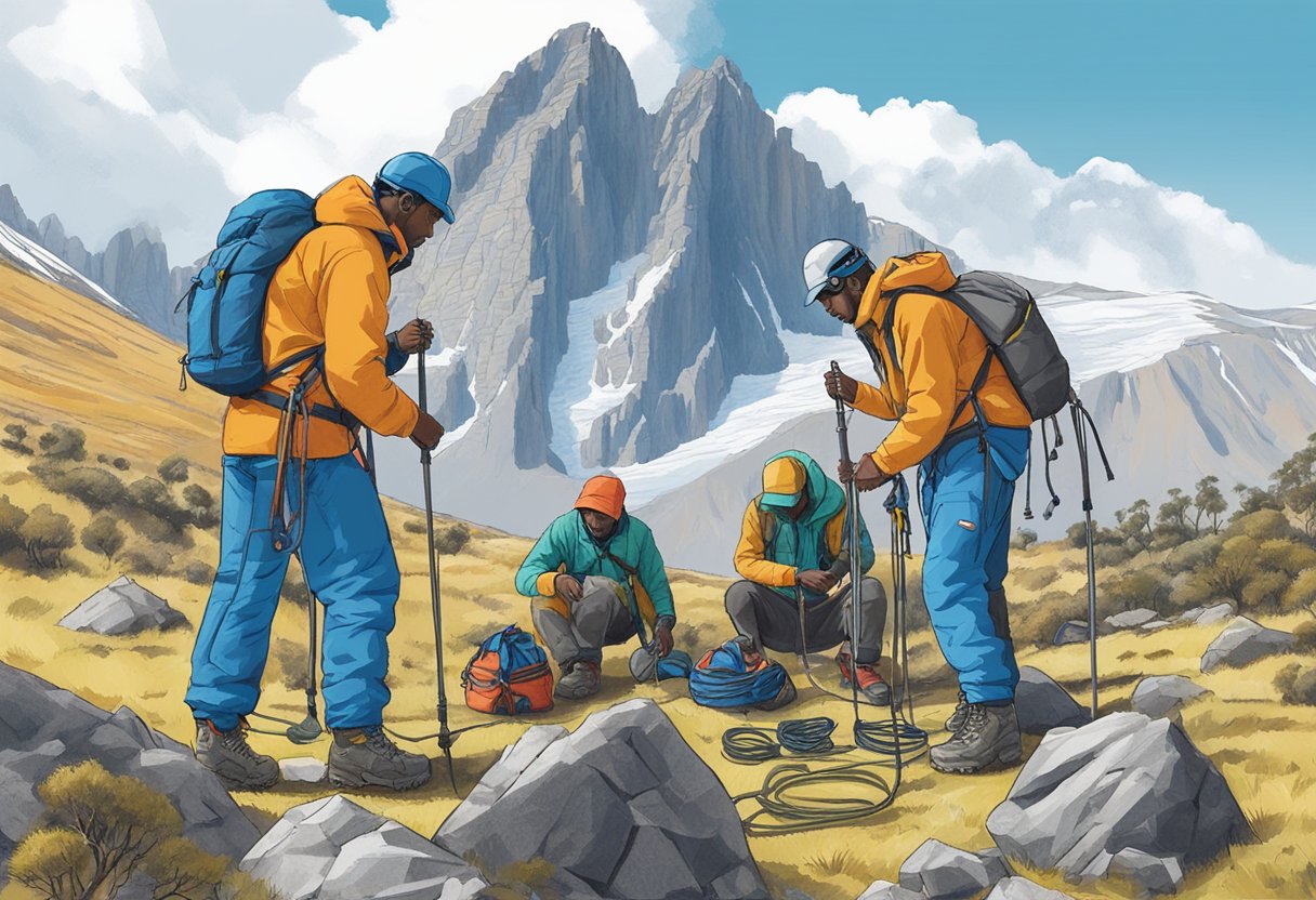 A group of climbers gathers gear at the base of Mount Kenya, checking ropes and supplies before beginning their ascent