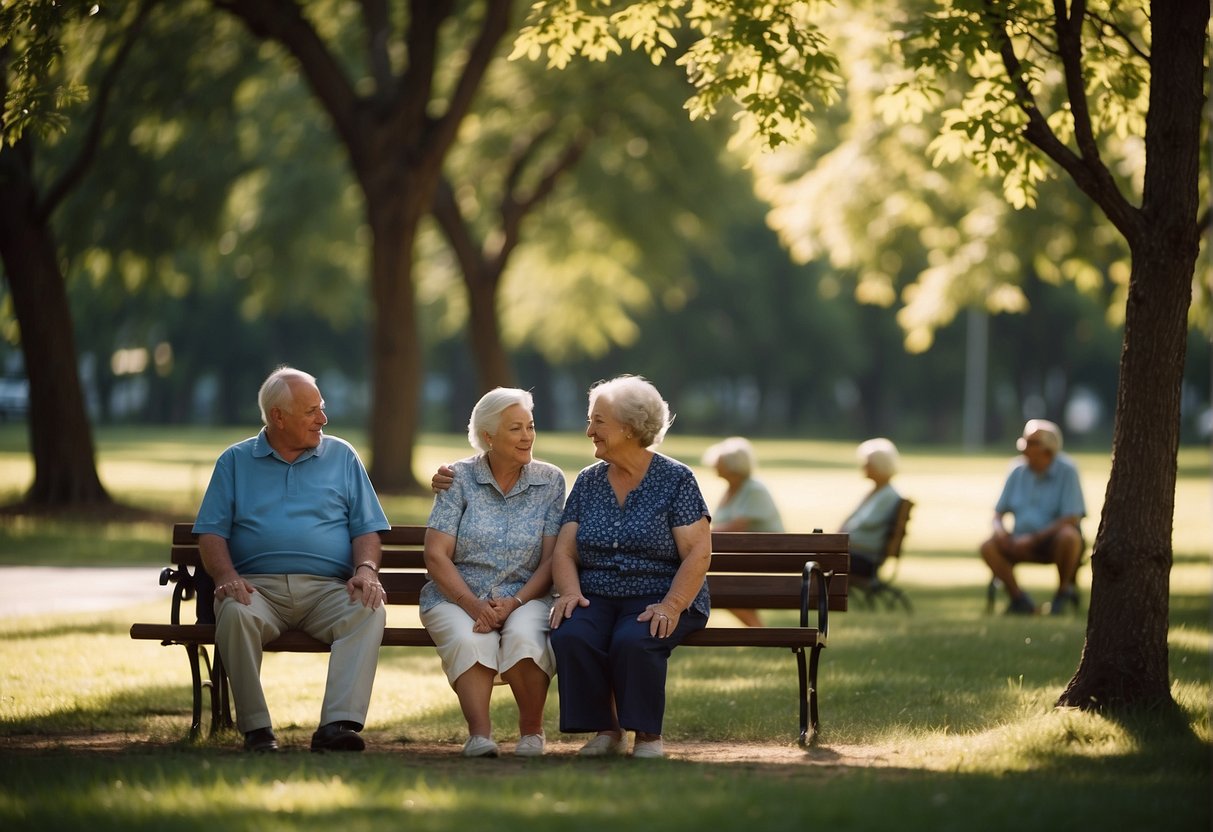 Personnes âgées dans un parc ensoleillé, restant au frais à l'ombre