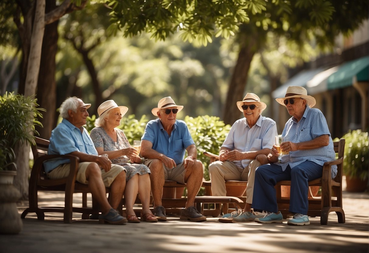 A group of older adults are sitting under a shaded area, fanning themselves and drinking water to stay cool in the hot weather