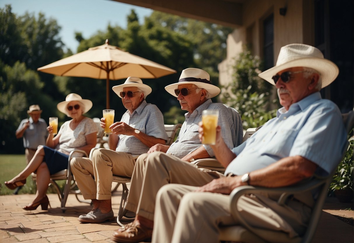 Elderly adults using fans, shade, and cool drinks to cope with heat