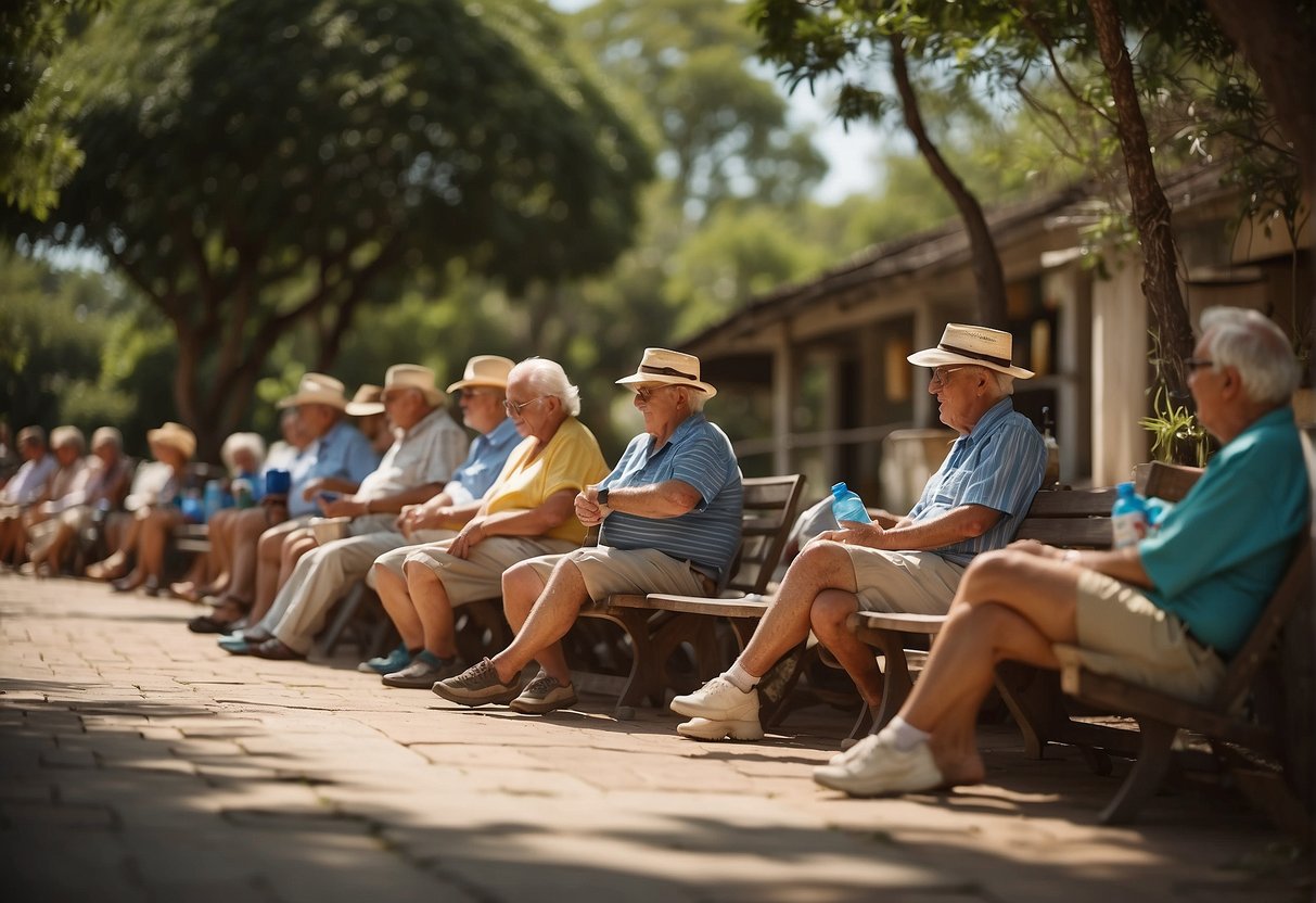 Elderly adults following heat tolerance policies, sitting in shaded areas with water bottles and fans nearby