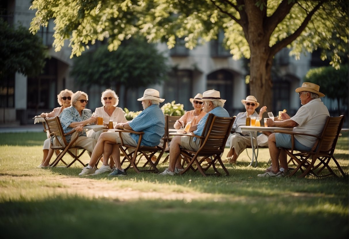 Elderly adults enjoying outdoor activities in hot weather, staying hydrated and taking breaks in shaded areas