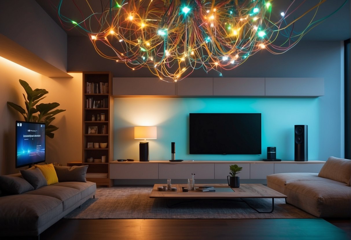 A network of colorful wires connect to various smart home devices, running neatly along the walls and ceilings of a modern living space