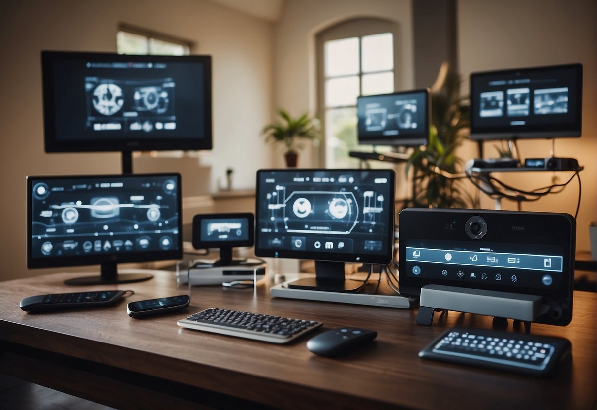 A modern house with various smart devices connected to a central hub, wires neatly organized and labeled, leading to each device