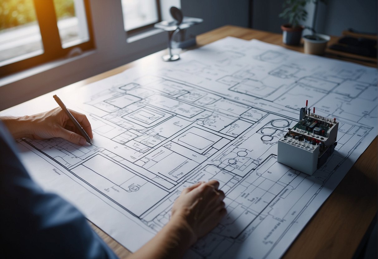 A person is sketching a smart home wiring layout on a blueprint with various electrical components and cables