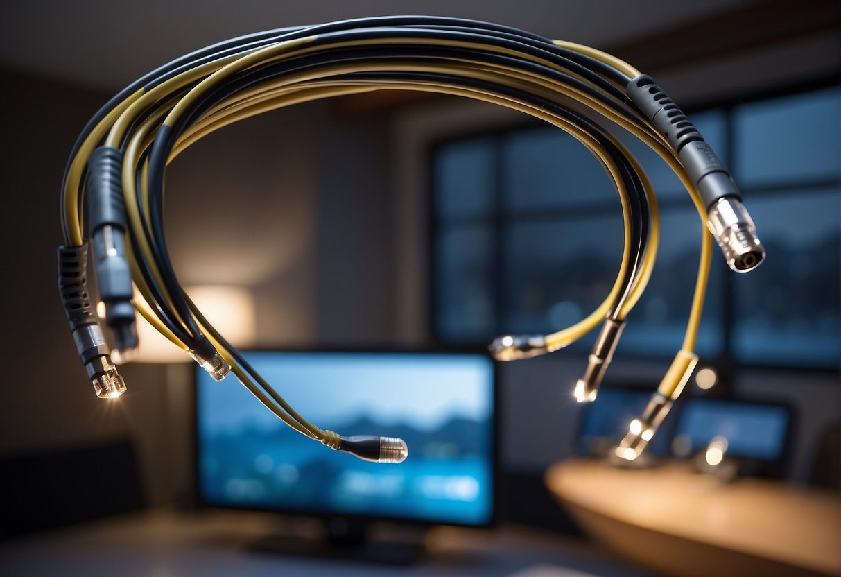 Electric wires being installed in a modern smart home, connecting to various devices and fixtures