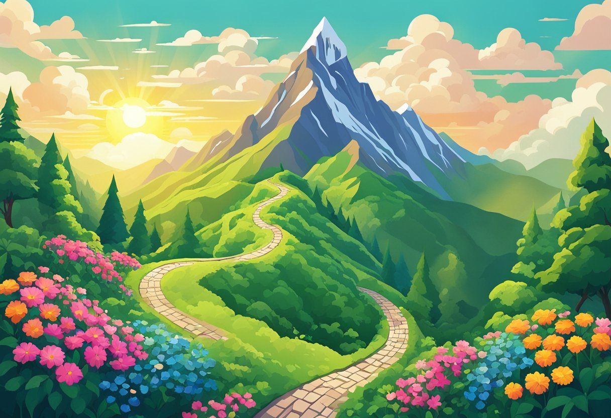 A mountain peak with a winding path leading to the top, surrounded by lush greenery and colorful flowers, with the sun breaking through the clouds