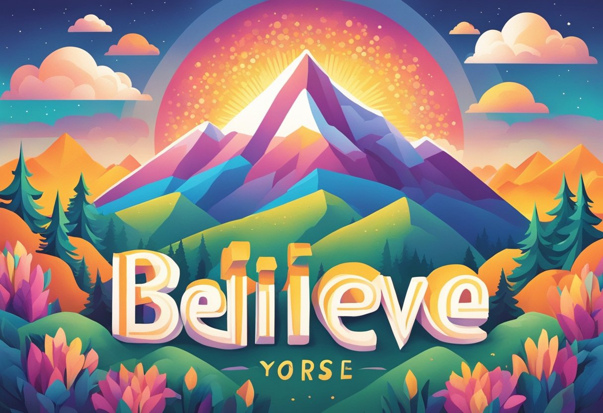 A bright sun rising over a mountain peak, with the words "Believe in Yourself" written in bold, vibrant letters against the colorful sky