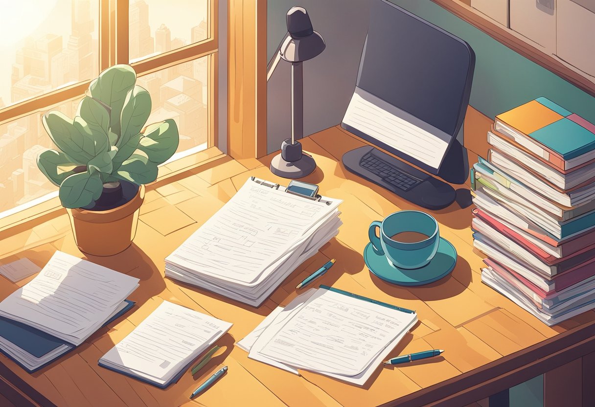 A desk with a pen and paper, surrounded by motivational quotes on the wall. Sunlight streams in through a window, casting a warm glow on the scene