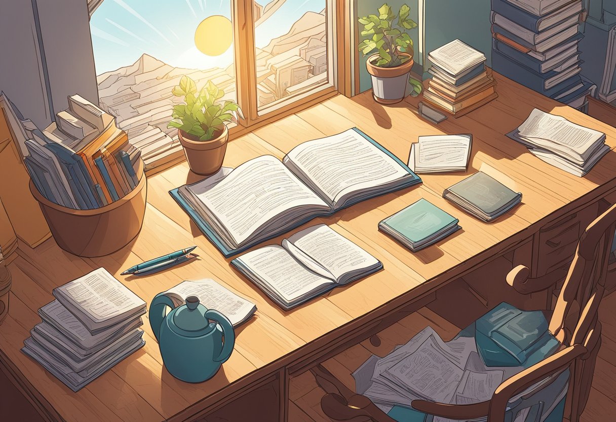 A desk with a pen and paper, surrounded by open books and inspirational quotes on the wall. Rays of sunlight streaming through a window, illuminating the space