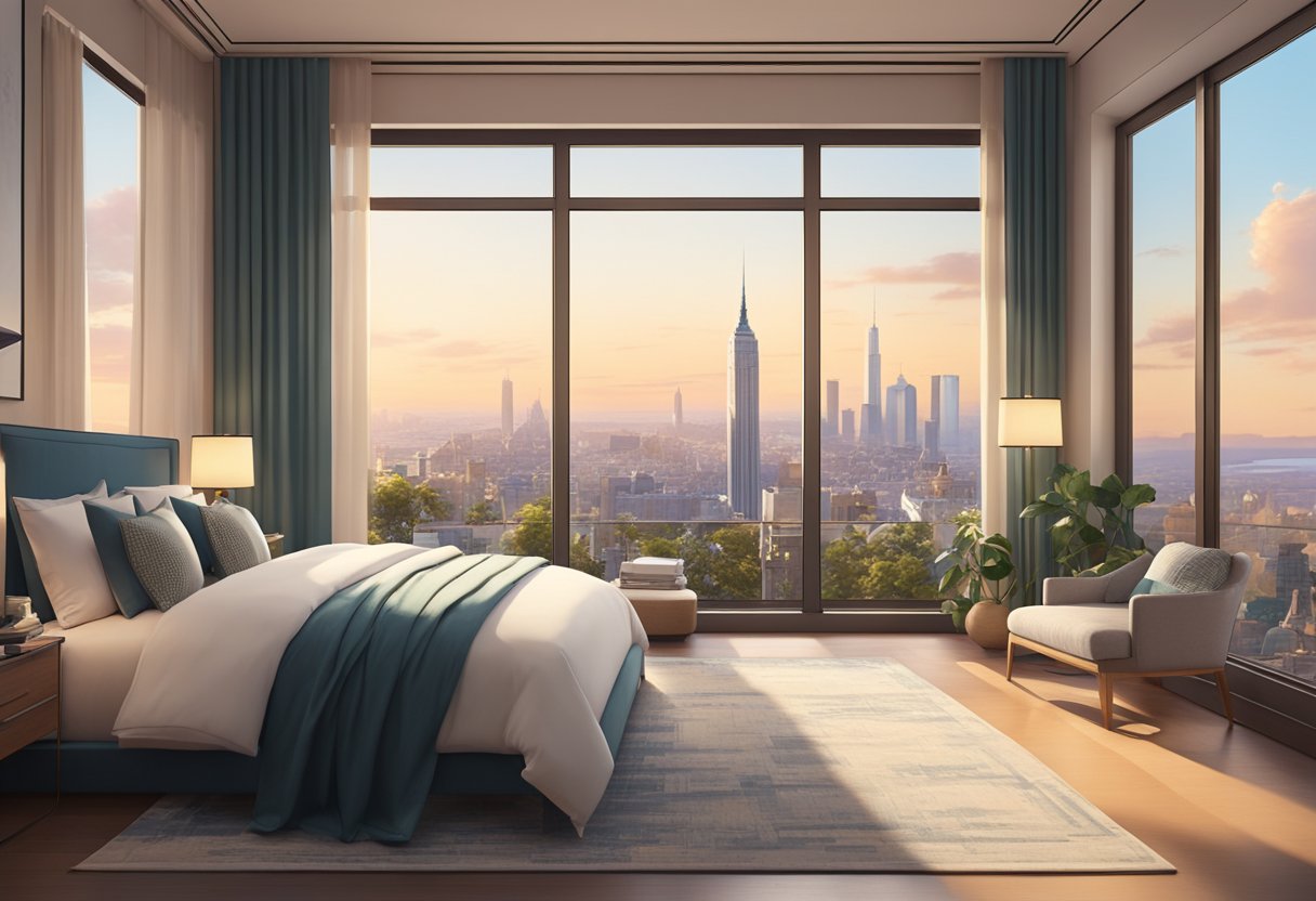 A lavish bedroom with elegant decor, a cozy reading nook, and a stunning city view through floor-to-ceiling windows