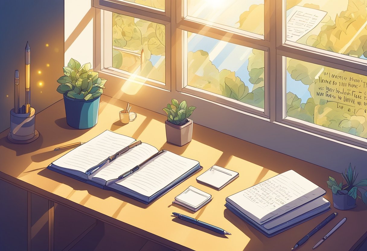 A desk with a pen and notebook, surrounded by inspirational quotes on the wall. Sunlight streams in through a window, casting a warm glow on the words