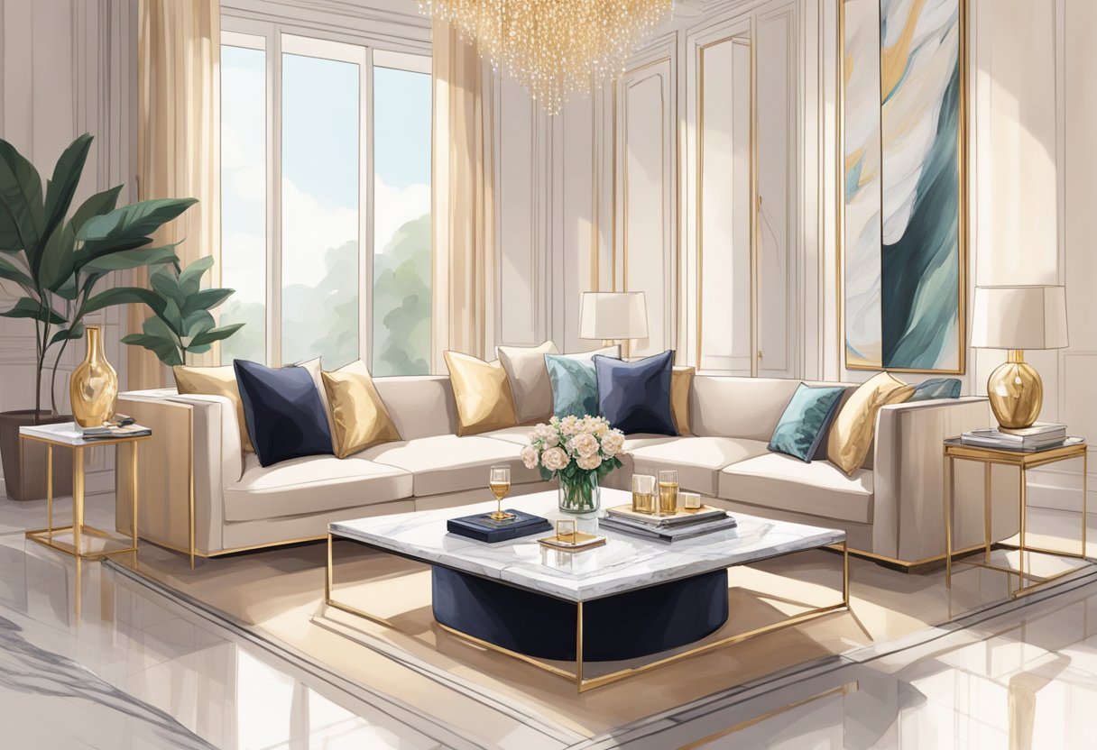 A luxurious living room with elegant decor, soft lighting, and comfortable seating. A glass of champagne sits on a marble coffee table, surrounded by fashion magazines and a designer handbag