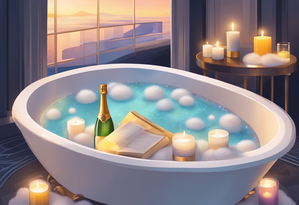 A luxurious bathtub surrounded by candles and bath salts, with a fluffy robe and slippers nearby. A glass of champagne sits on the edge, alongside a stack of luxury lifestyle magazines