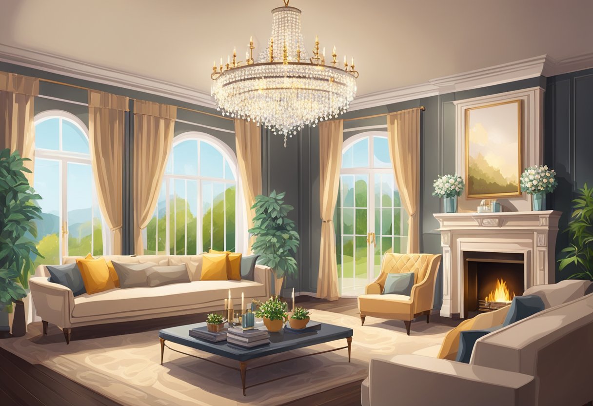 A luxurious living room with elegant decor, a cozy fireplace, and a view of a lush garden. A crystal chandelier hangs from the ceiling, casting a warm glow over the room