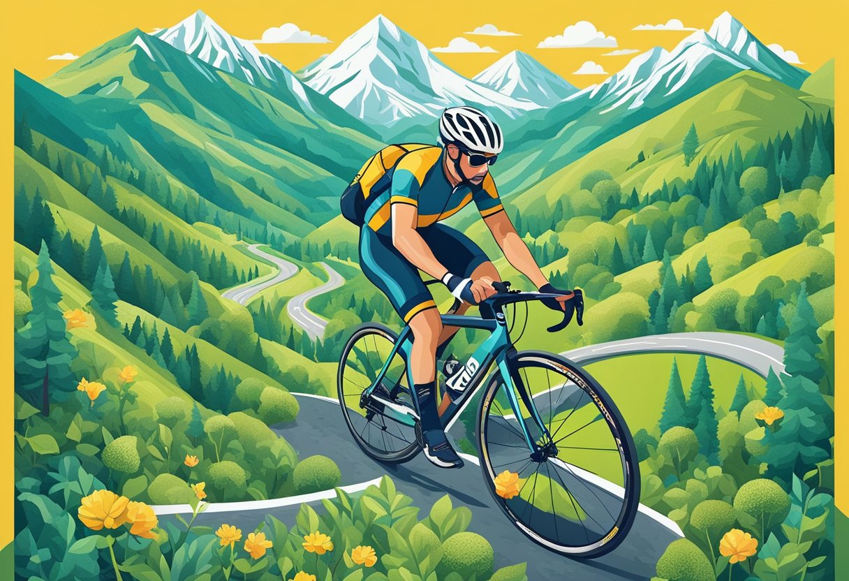 A cyclist conquers a challenging hill, surrounded by scenic nature, with a quote list of 76-100 cycling motivational quotes in the background