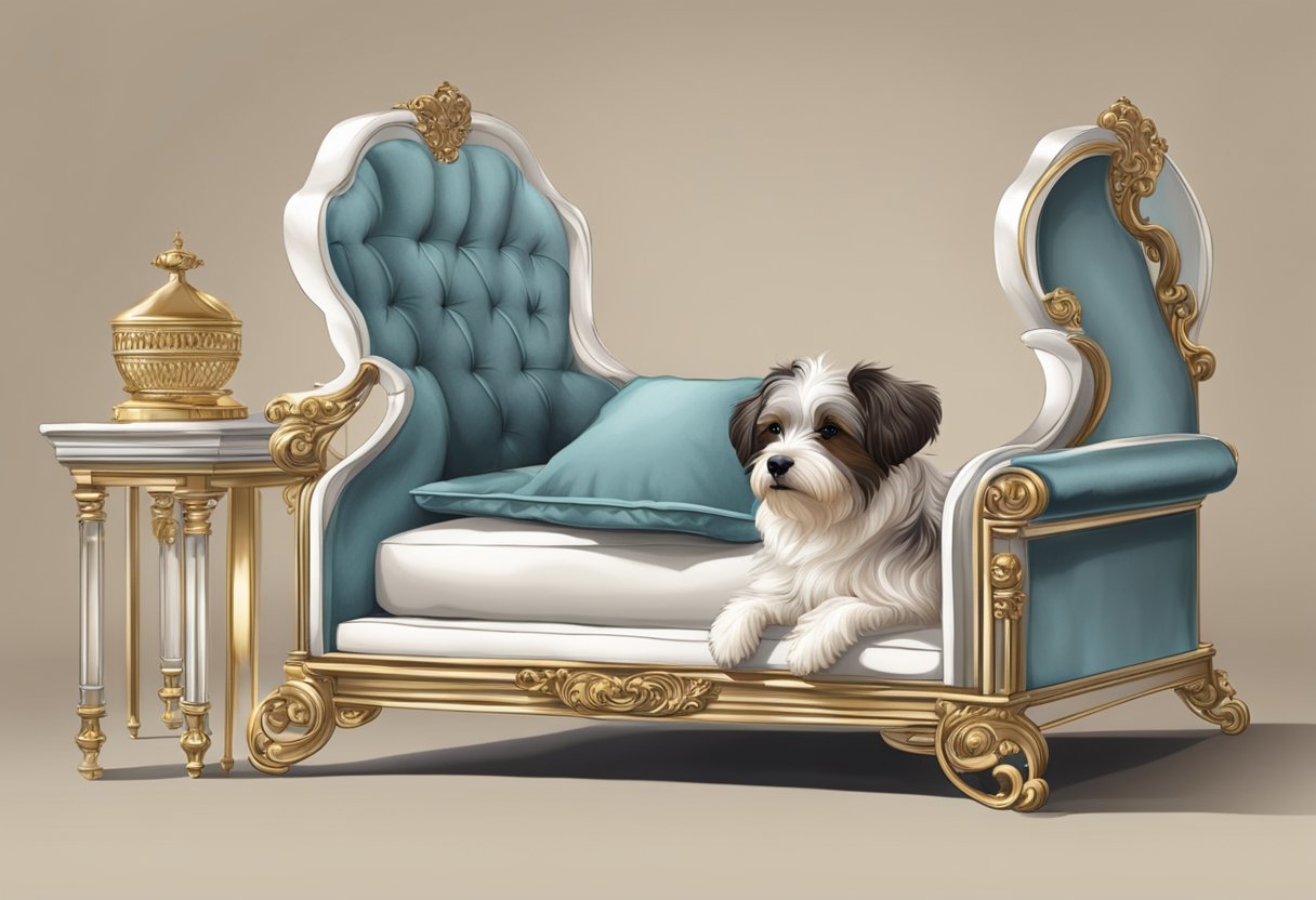 A lavish pet bed surrounded by elegant pet accessories, luxurious fabrics, and upscale decor, creating a sophisticated and indulgent atmosphere for pet lovers