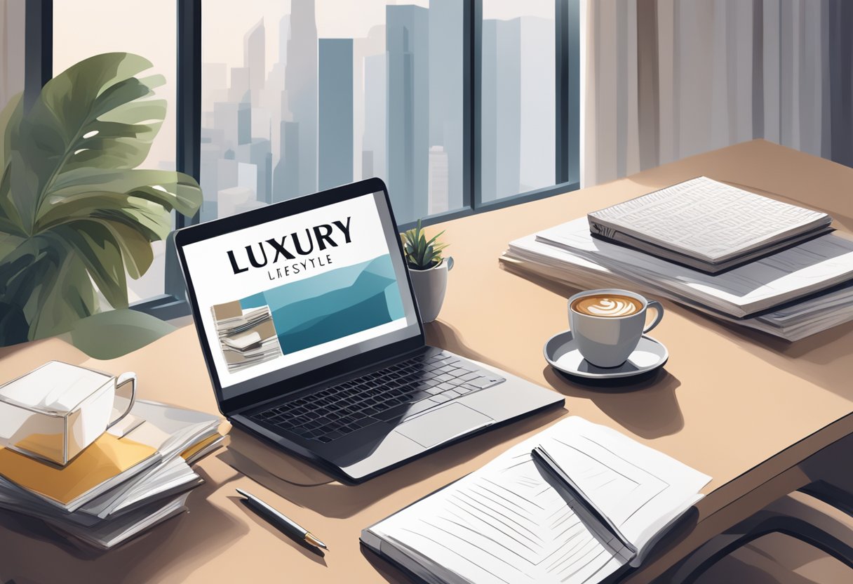 A sleek, modern desk with a laptop, coffee cup, and stylish decor. A stack of lifestyle magazines and a notepad with "luxury lifestyle" written on it