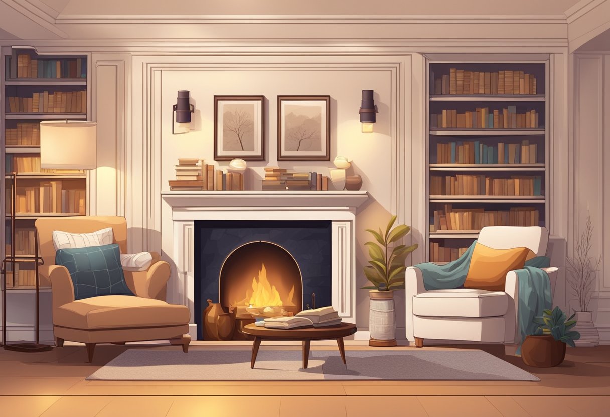 A luxurious hobby scene could include a cozy reading nook with a plush armchair, a stack of elegant books, and a warm, glowing fireplace