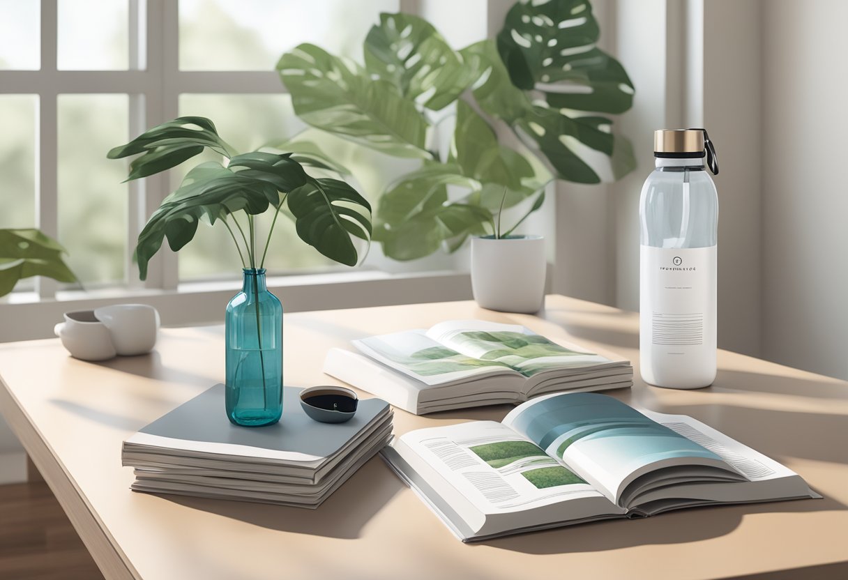 A serene, eco-friendly living space with minimalist decor, surrounded by lush greenery and natural light. A stack of luxury lifestyle magazines and a reusable water bottle sit on a sleek, modern coffee table