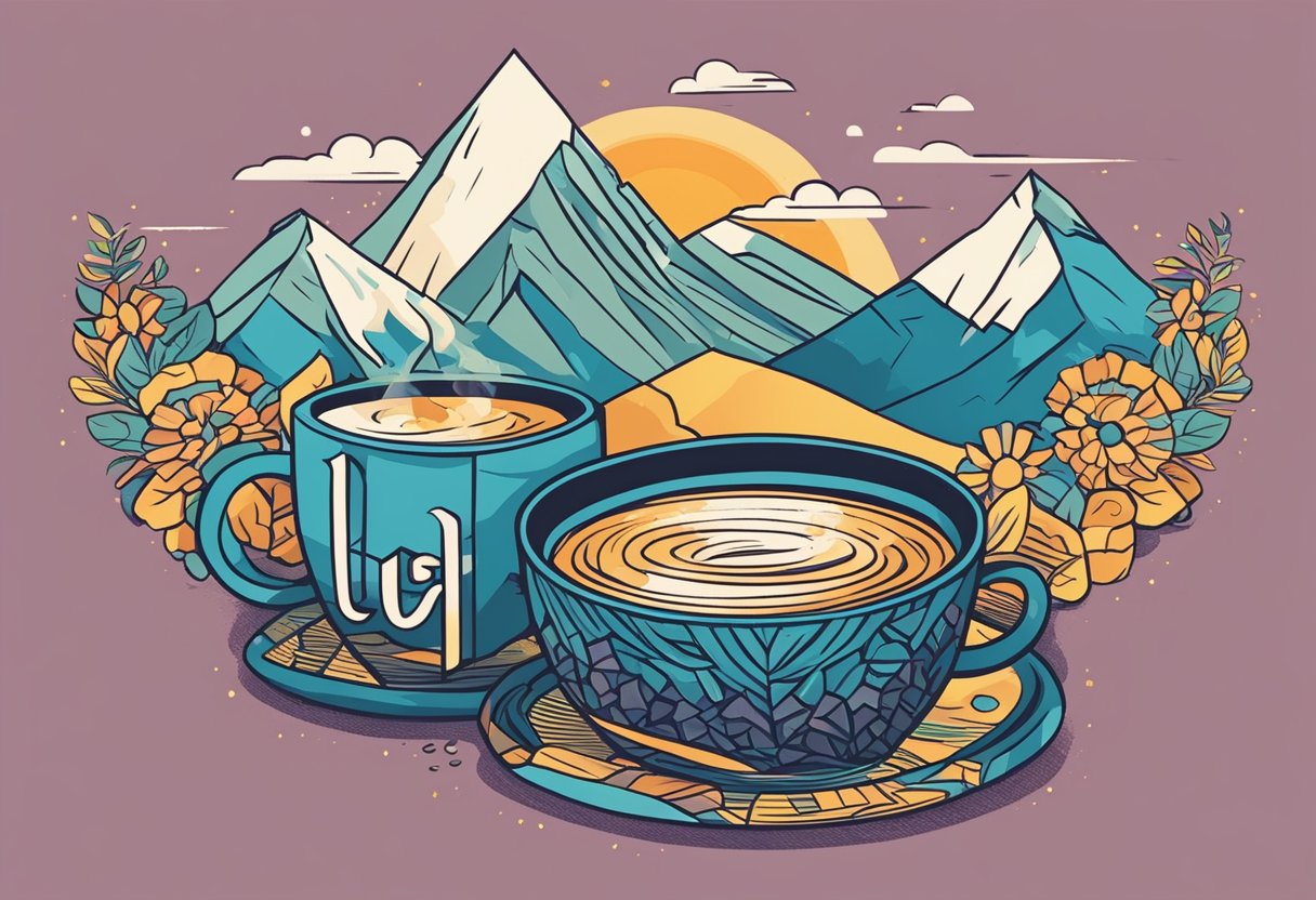 A sun rising over a mountain peak with a quote "Rise and shine" in bold letters. A cup of steaming coffee sits beside the quote