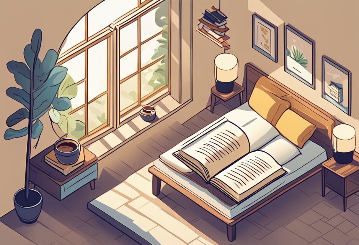 A cozy bed with a book of motivational quotes open, sunlight streaming in through the window, and a cup of coffee on the bedside table